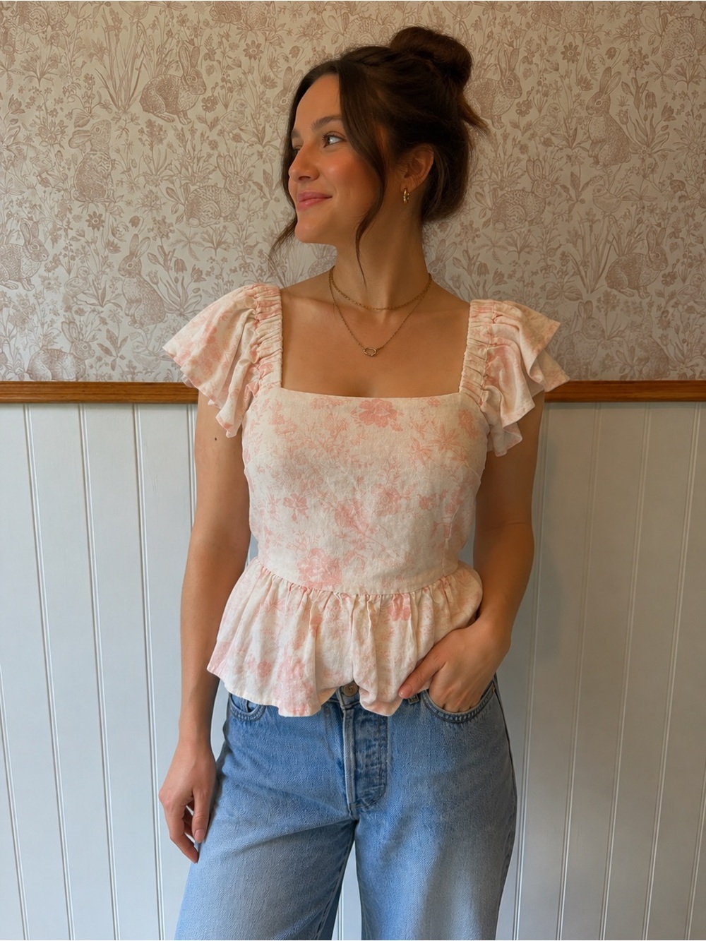 miami Pale Pink Floral Square-Neck Peplum Blouse